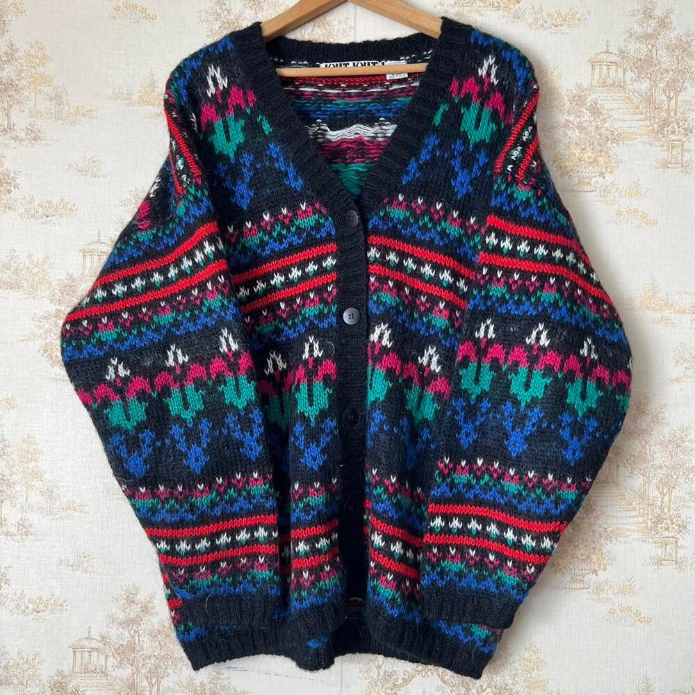 Vintage 90s Knit Knit Mohair Cardigan | Fuzzy Abstract Grunge Geometric | Large